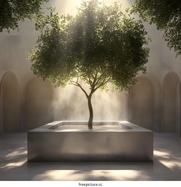 Minimalist Courtyard with Tree and Sunlight