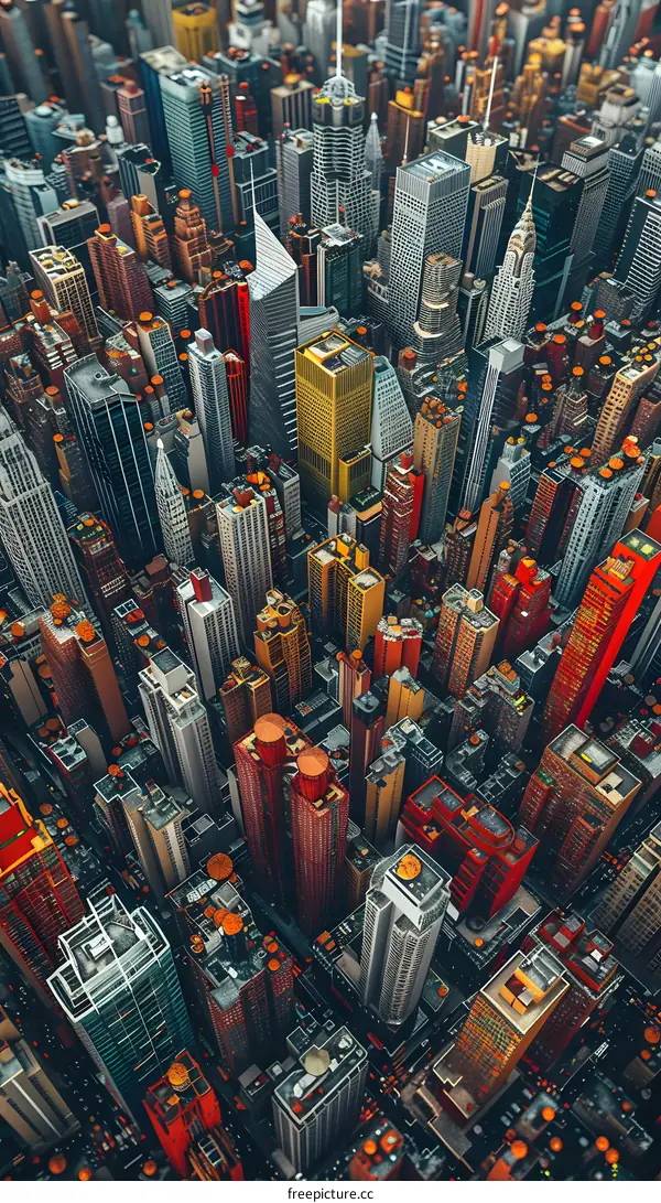 A top-down view of a city with many skyscrapers.