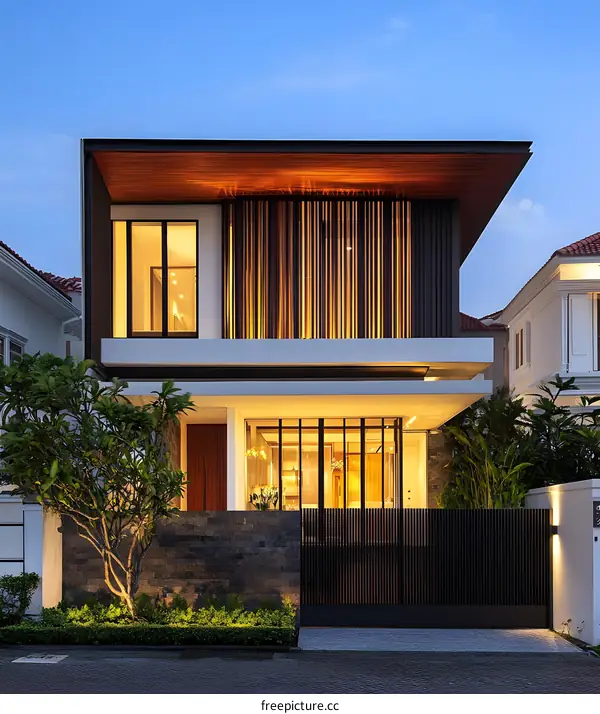 Modern Minimalist Home Design with Wooden Accents and Black Metal Gate