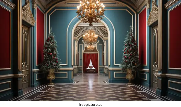 Ornate Hallway with Two Christmas Trees