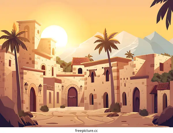 Cartoon Illustration of Desert Village Landscape