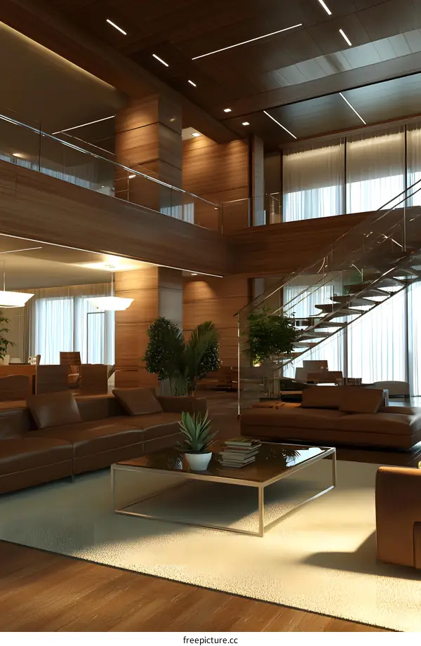 Modern Interior Design With Glass Staircase And Wooden Walls