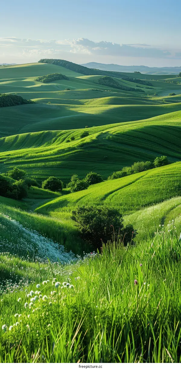 Rolling Green Hills Landscape Under a Blue Sky
