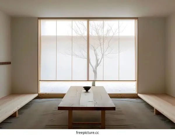Minimalist Japanese Interior Design with Wooden Table and Bench