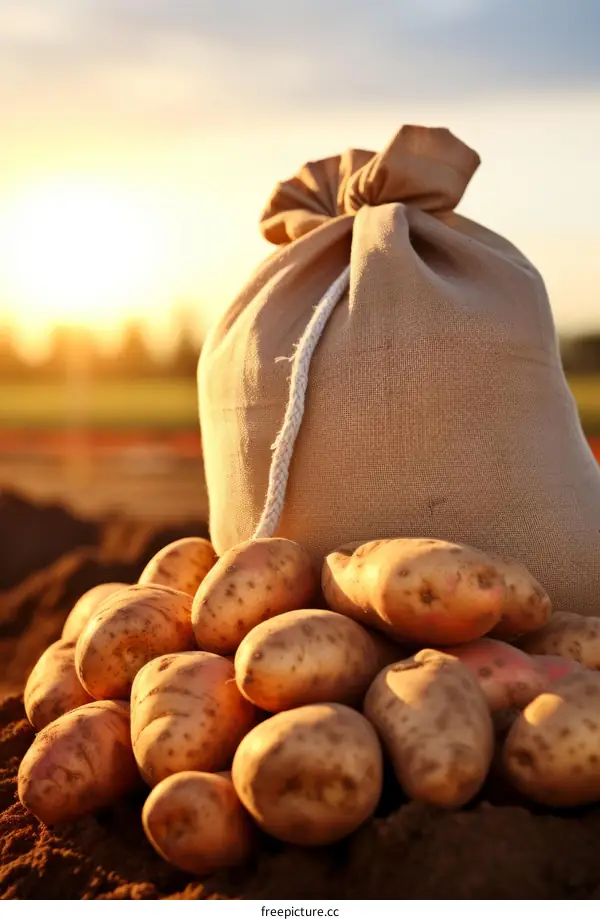 A burlap sack full of potatoes sits in a field at sunset.