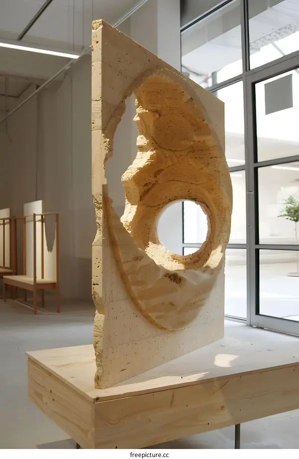 Abstract Wooden Sculpture with Circular Cutout