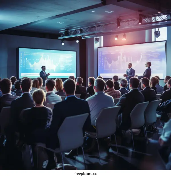 Business conference with two speakers on stage