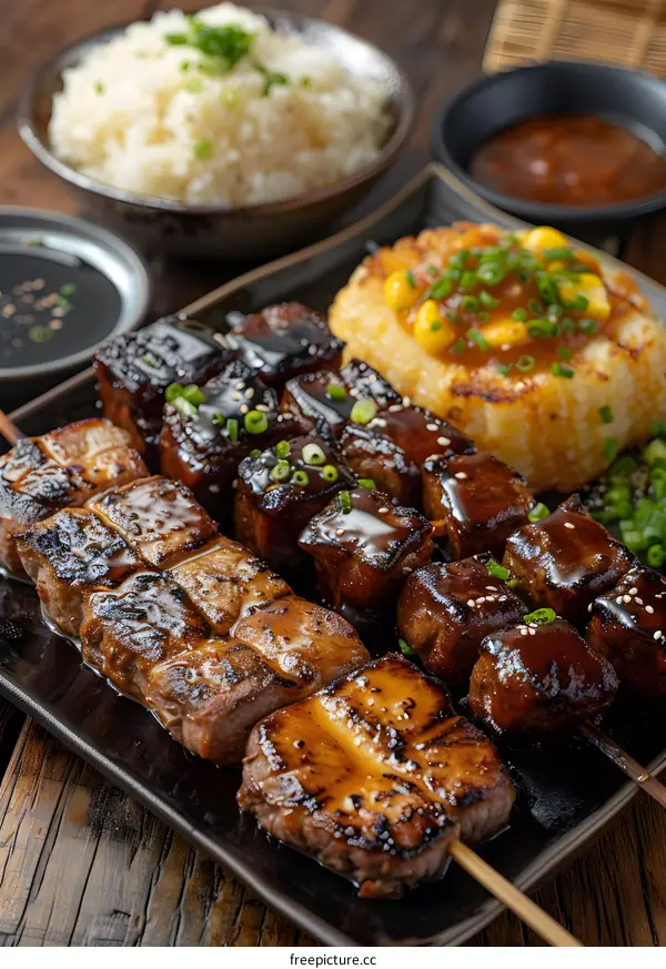 Grilled Meat Skewers with Rice and Corn on a Wooden Table
