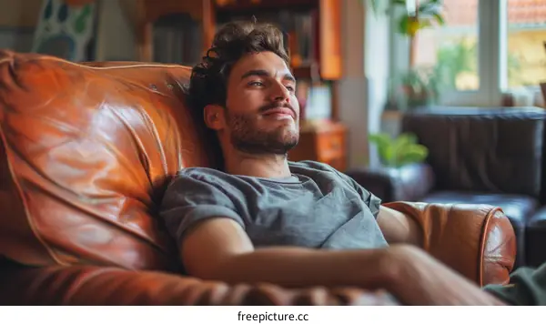A young man relaxing in a leather chair