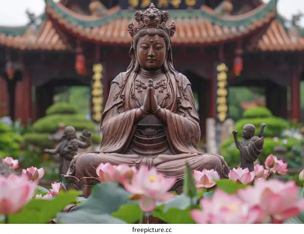 Buddhist Guanyin Bodhisattva statue in a temple surrounded by lotus flowers