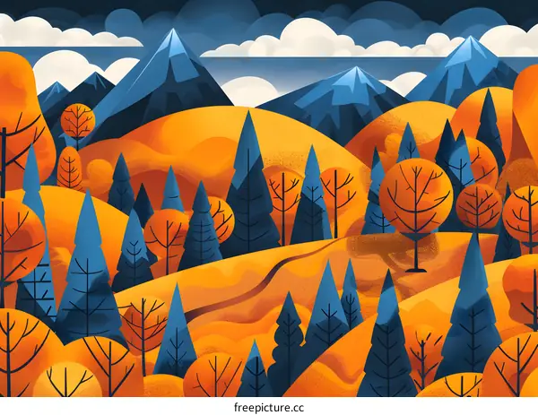 Autumn Forest Landscape with Mountains and Blue Sky