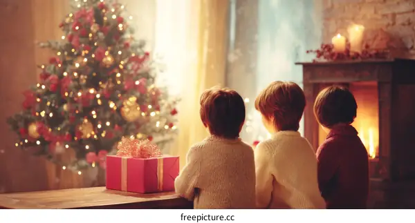 Christmas Celebration with Children by the Fireplace