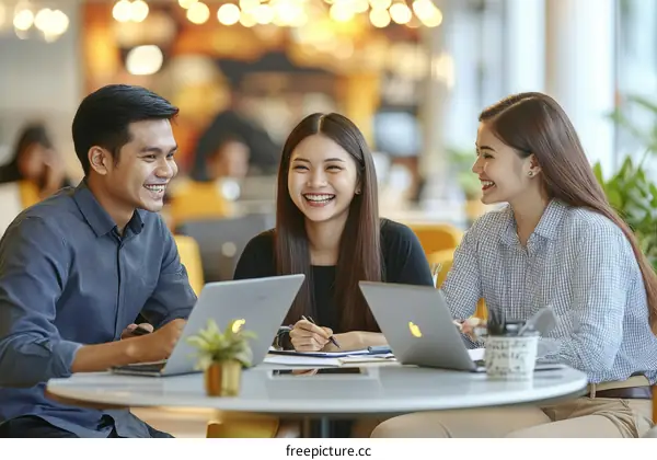 Happy Multi-Ethnic Colleagues Working Together in a Cafe