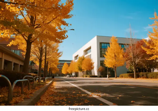 Autumn Scenery with Golden Ginkgo Trees on Campus Road