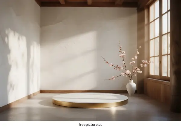 Minimalist round platform with cherry blossom in bright empty room