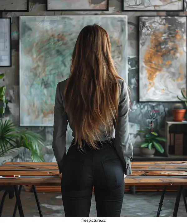 Woman with Long Hair Standing in Front of Art