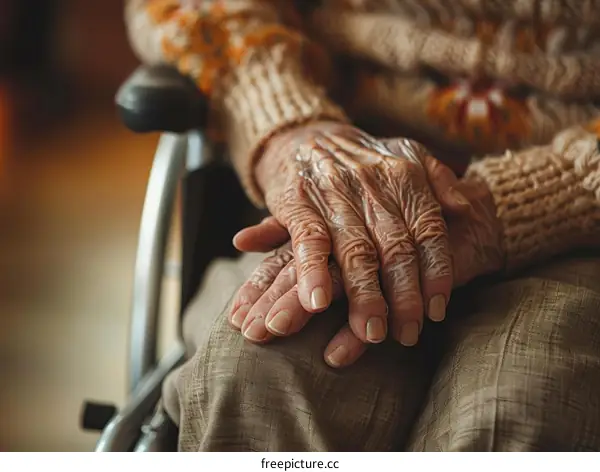 Close up of senior woman's hands in lap