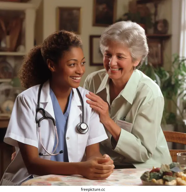A young female doctor is talking to a senior female patient.