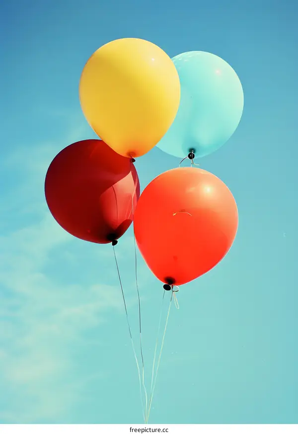 Four Colorful Balloons Against Blue Sky