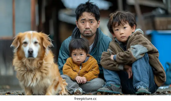 A father and his two sons sit on the ground with their dog.