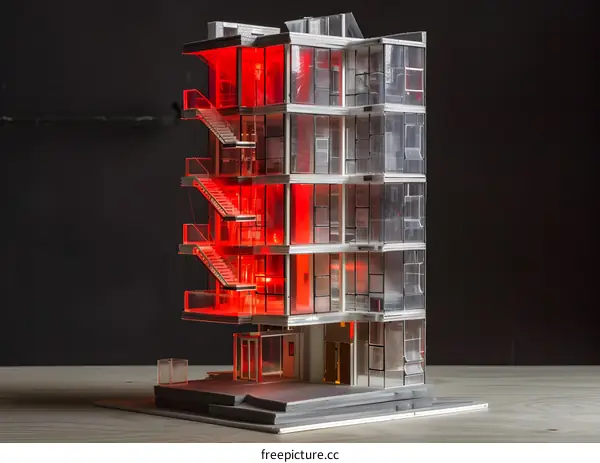 Modern Glass Building Model with Red Lights Inside