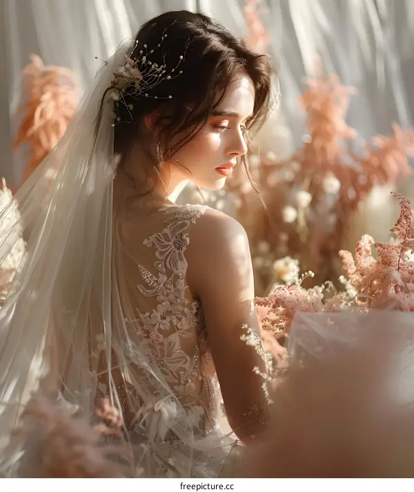 A bride wearing a lace wedding dress and a flower headdress is posing for her wedding photos in a flower field