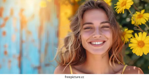 Happy Woman with Yellow Flowers in Sunny Day