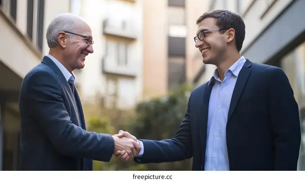 Two Businessmen Shaking Hands In A City Setting
