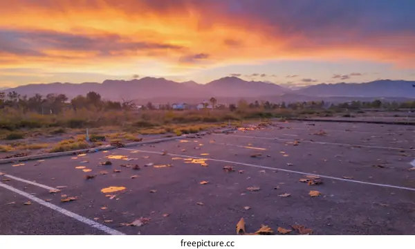 Abandoned Parking Lot at Sunset with Mountain View