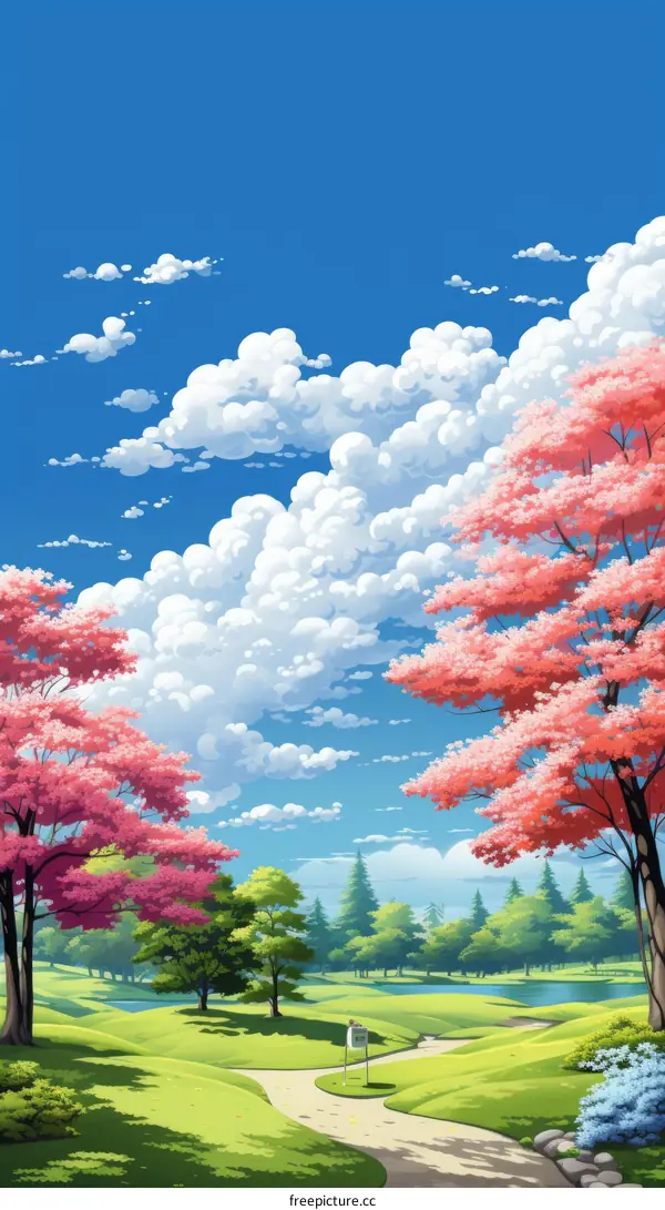 Enchanted Anime Landscape with Pink Trees and a Path