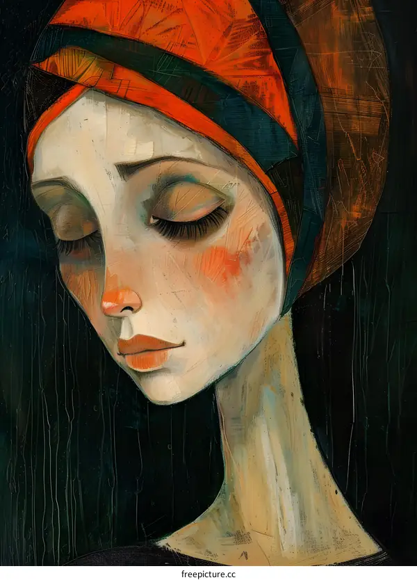 portrait of a sad girl with an orange scarf on her head