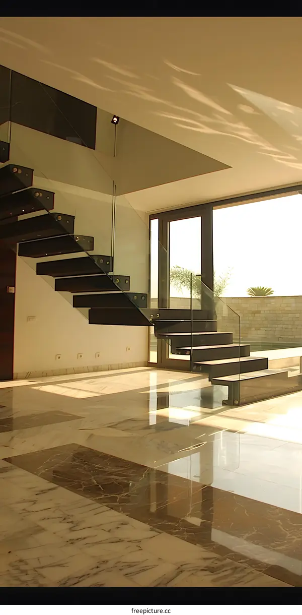 Modern Staircase Design with Glass Railings and Marble Floor