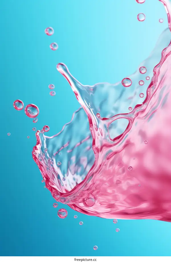Pink water splash with bubbles on blue background