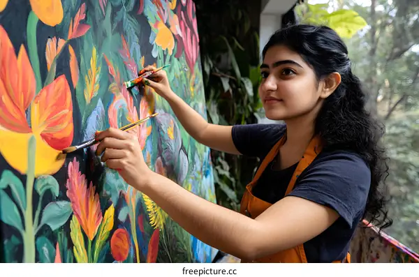 Young Woman Painting Flowers on Canvas