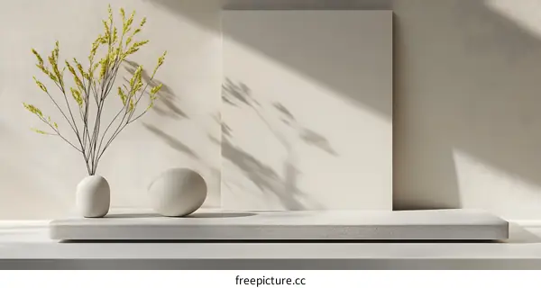 Minimalist Beige and White Aesthetic Still Life with Dried Flowers and a Sphere