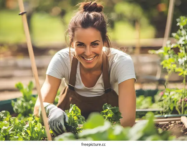 Happy Woman Gardening in Her Backyard