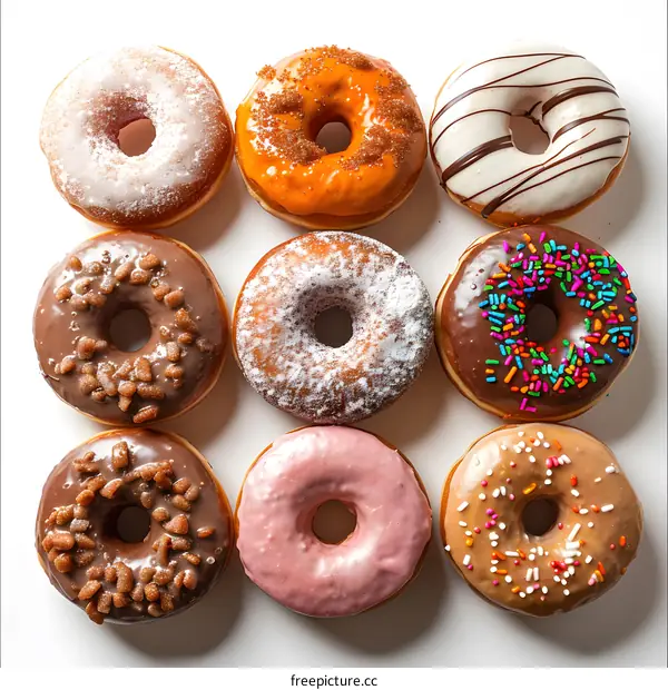 Nine assorted donuts on white background