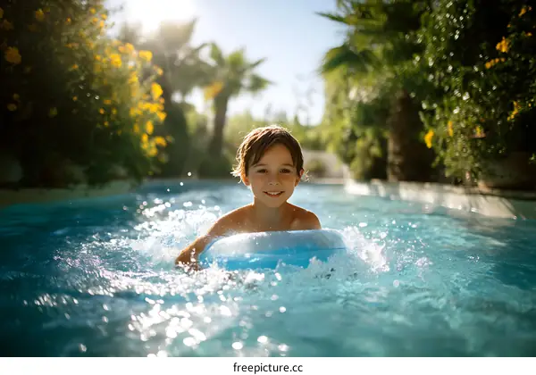 Smiling Child in Swimming Pool with Inner Tube