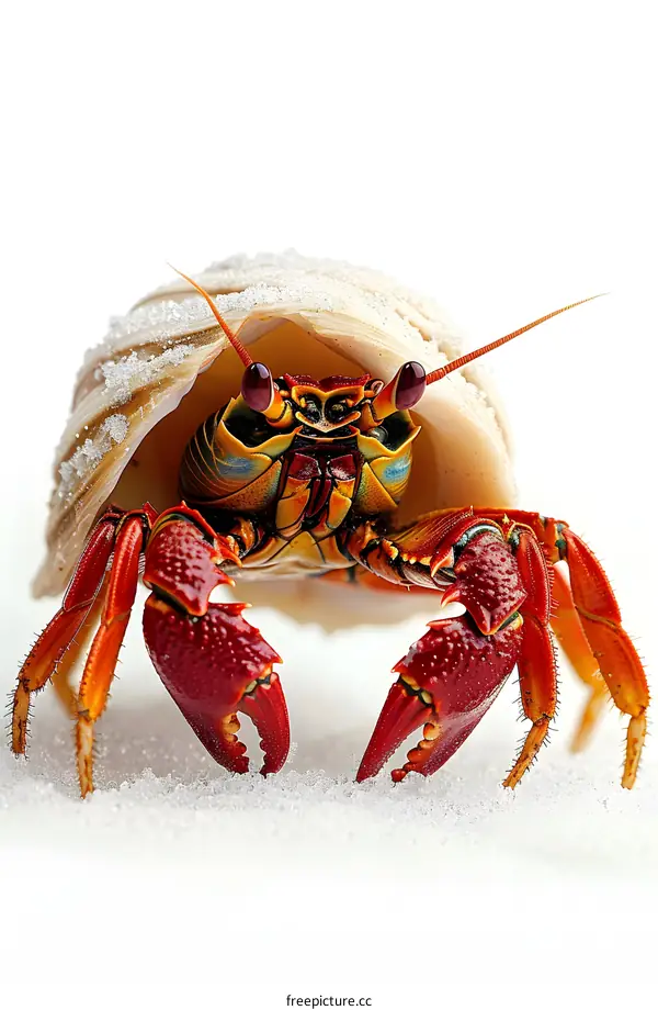 A red crab with blue eyes and yellow and red claws