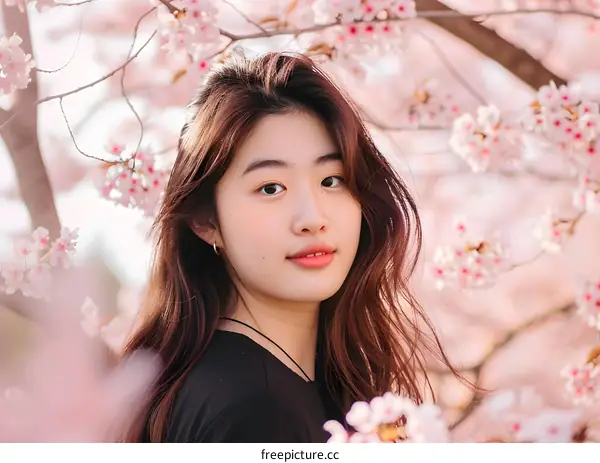 Young Asian Woman Posing In Front of Cherry Blossoms
