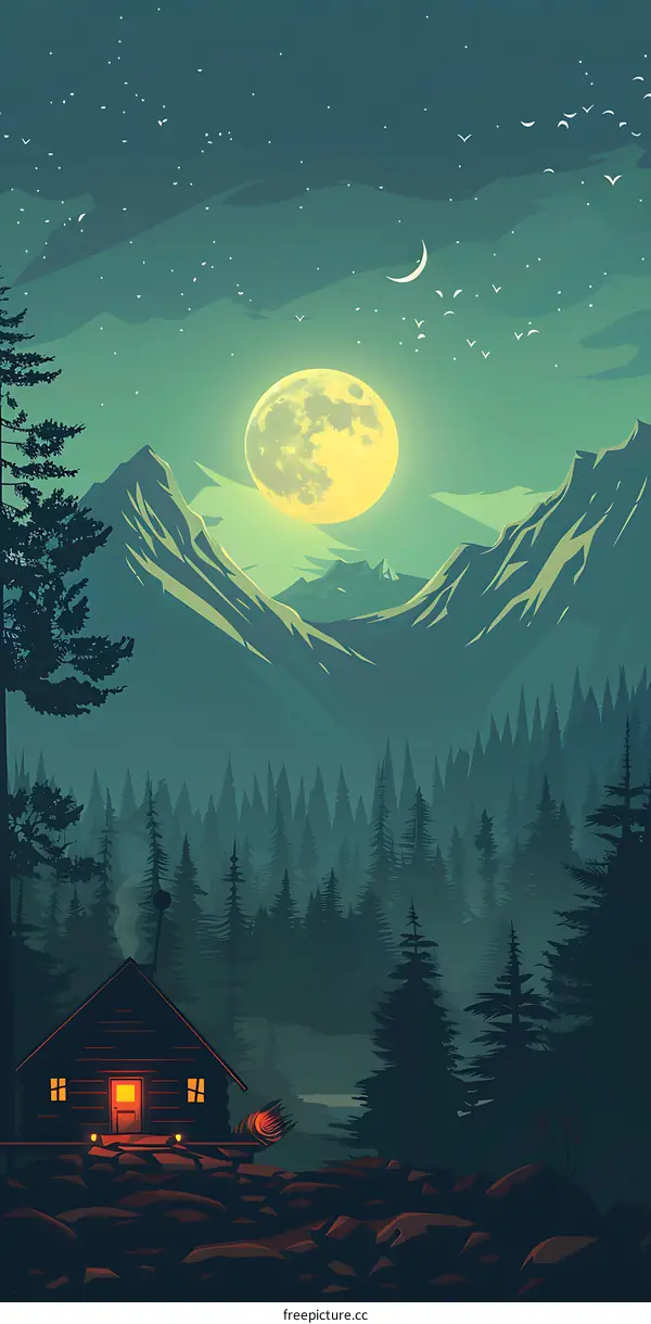Mountain Cabin Illustration with Full Moon