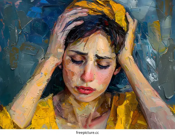 Oil Painting of a Woman Holding Her Head in Her Hands
