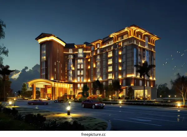 Luxury Hotel at Night Exterior Design Illustration