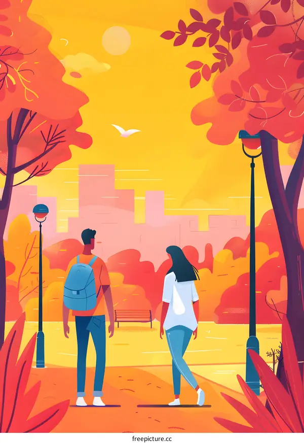 Couple Walking In Autumn Park Cityscape Illustration