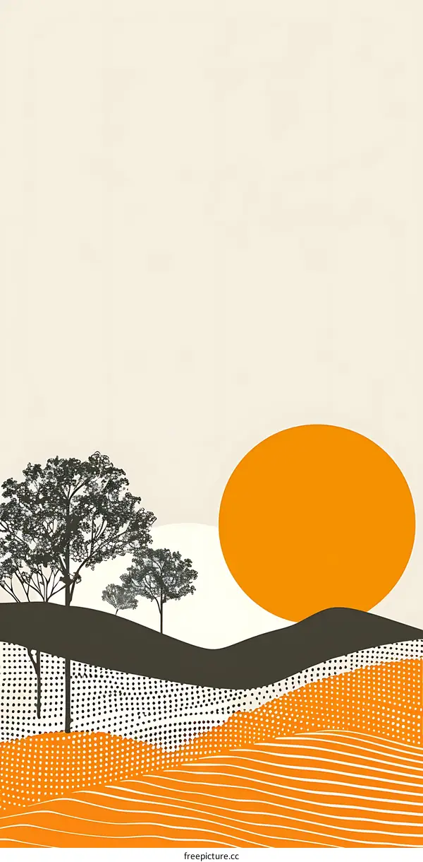 Abstract Landscape With Trees And Orange Sun