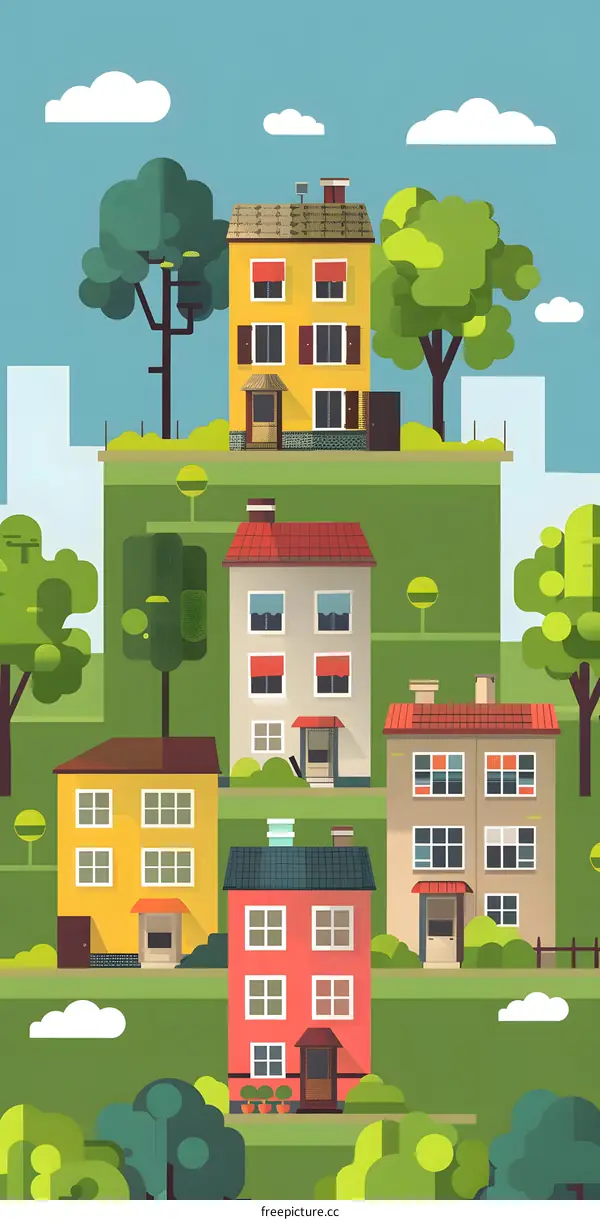 Colorful Illustration of Houses with Green Trees and Clouds