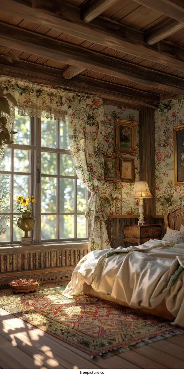 A cozy bedroom with a big window