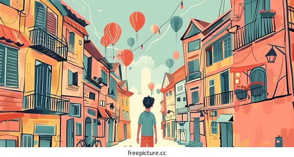 Boy Walking in a Colorful Street with Balloons