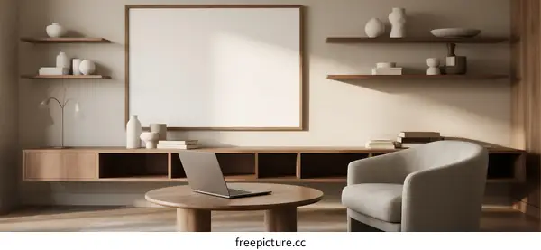 Modern Minimalist Living Room Interior with Empty Frame and Shelves