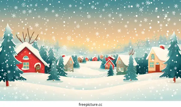 Snowy village landscape with houses and trees